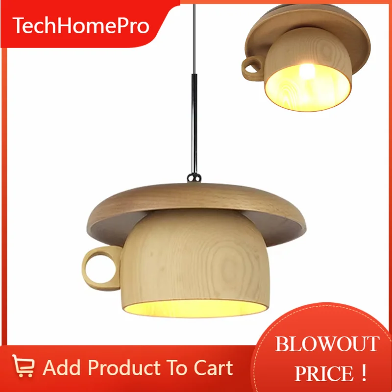 TechHPCreative Wood Cup Pendant Light Modern Dining Room Hanging Lamp Kitchen Light Fixtures Indoor