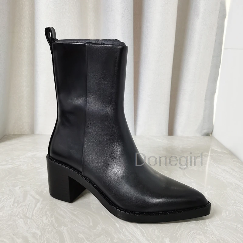 Pointed Chelsea Boots Women Genuine Leather Chimney Boots 2024 New Thick Heel Fur Casual Black Ankle Boot Ladies botas hombre