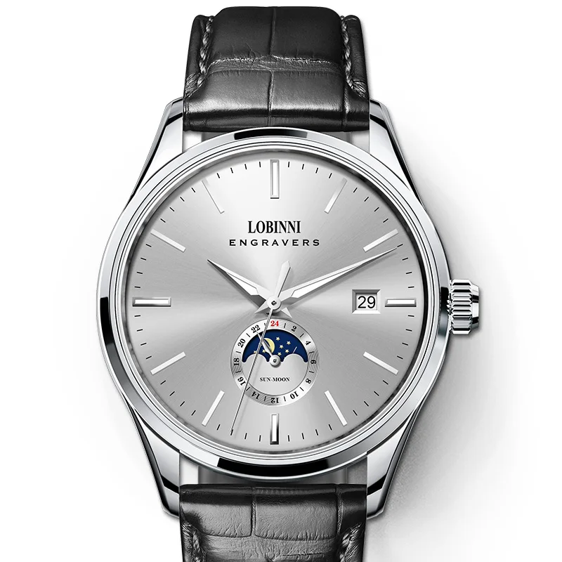 Lobinni Men Automatic Watch 40.5mm Mechanical Wristwatch Luminous 50M Waterproof Sapphire Mirror Date 24 Hours Sun-Moon