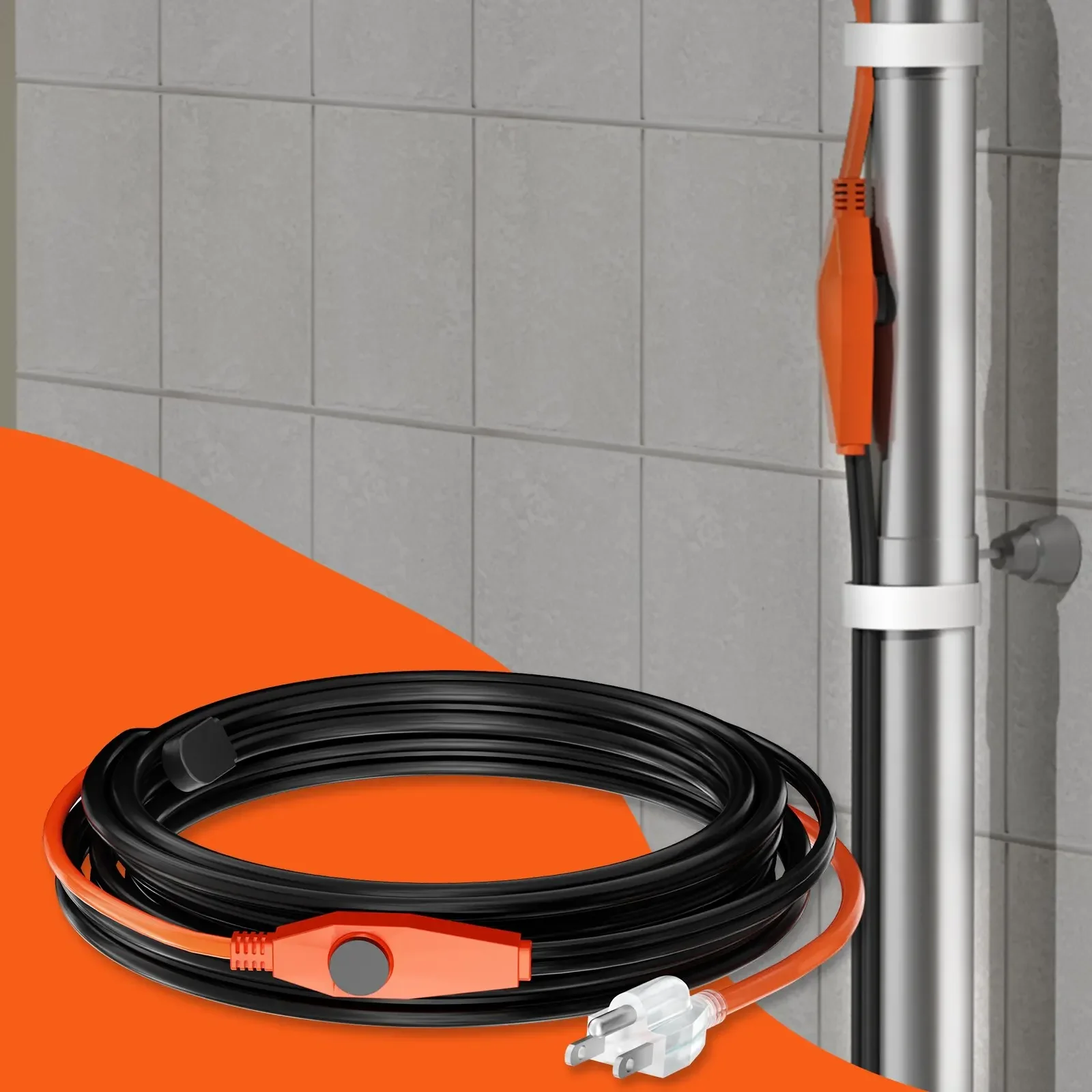 パイプ加熱ケーブル 24FT 7W FT ヒートテープ内蔵サーモスタット付きパイプ用