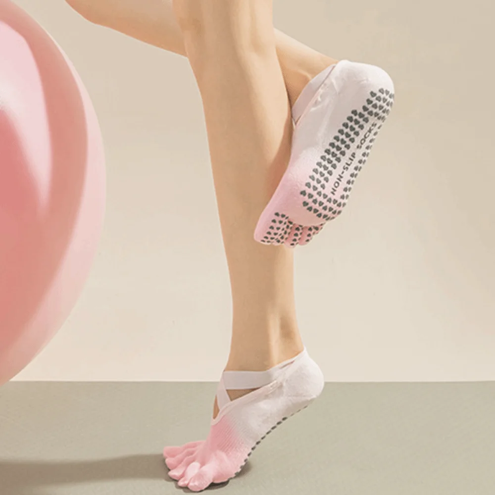 زوج واحد من جوارب اليوغا المضادة للانزلاق بخمسة أصابع، جوارب يوجا كاملة بخمسة أصابع احترافية من القطن المرن