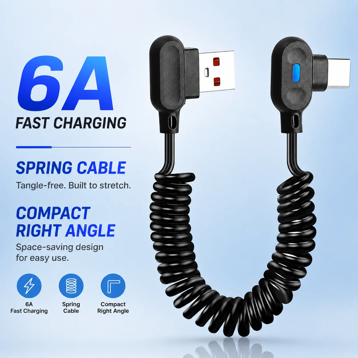 6A USB A to Type C Spring Fast Charging Cable, 90 Degree Elbow Coiled Data Cord for Car Charger, USB C Phone Tablet Black