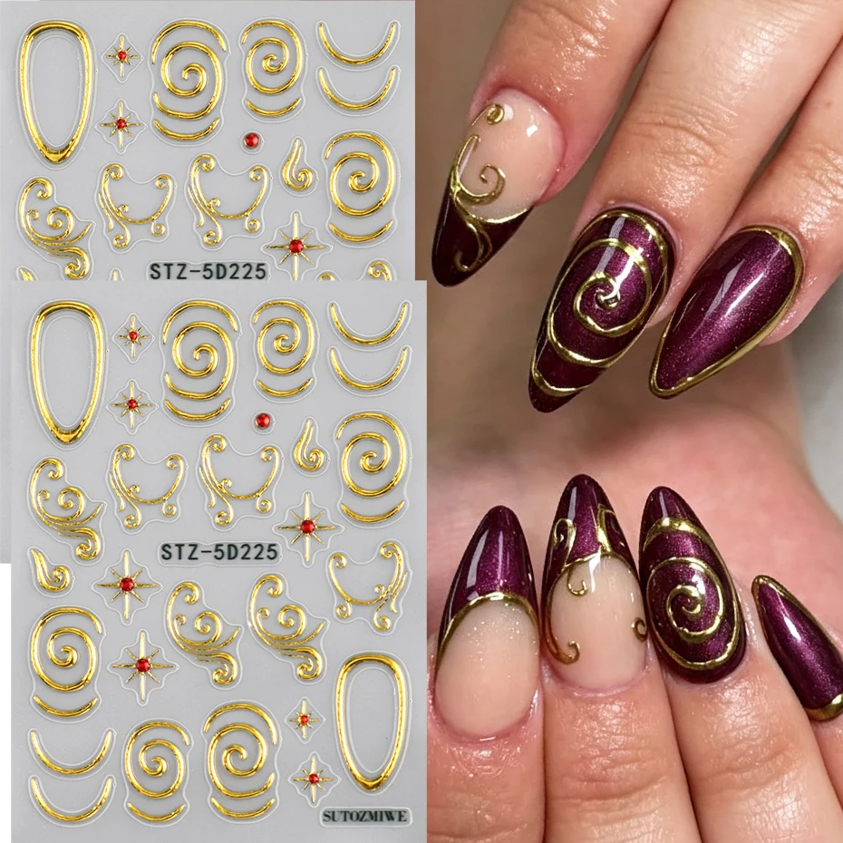 1/2 Stück Goldene Spiral-Nagelaufkleber 5D Geprägte Metallgoldene Spiral-Linie Französischer Rand Stern Nagelkunst-Aufkleber DIY Nageldekoration