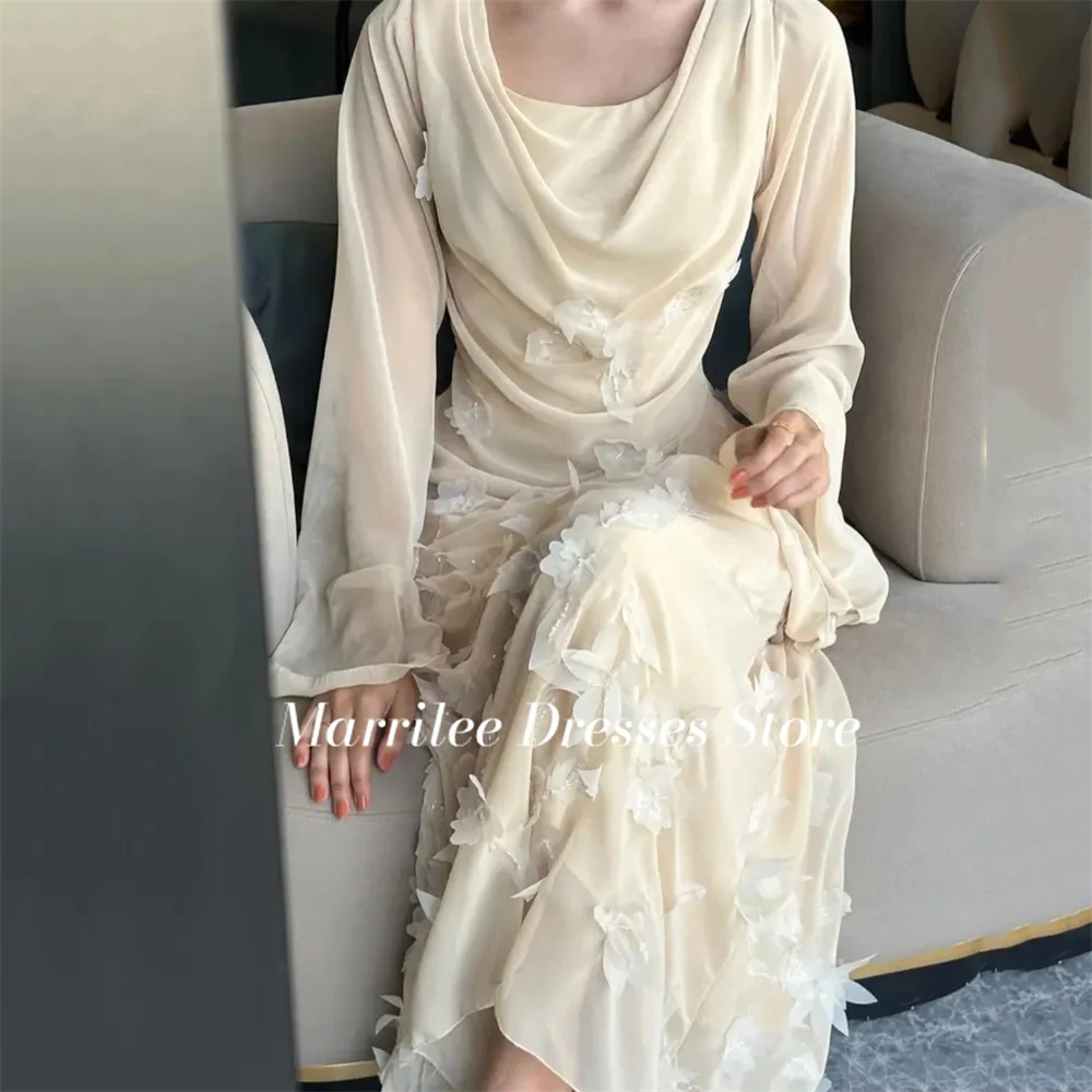 Marrilee gaun malam sifon, gaun lengan panjang elegan, gaun pesta Prom Formal bunga 3D panjang sepergelangan kaki A-Line, gaun malam sifon lipat Applique lengan panjang