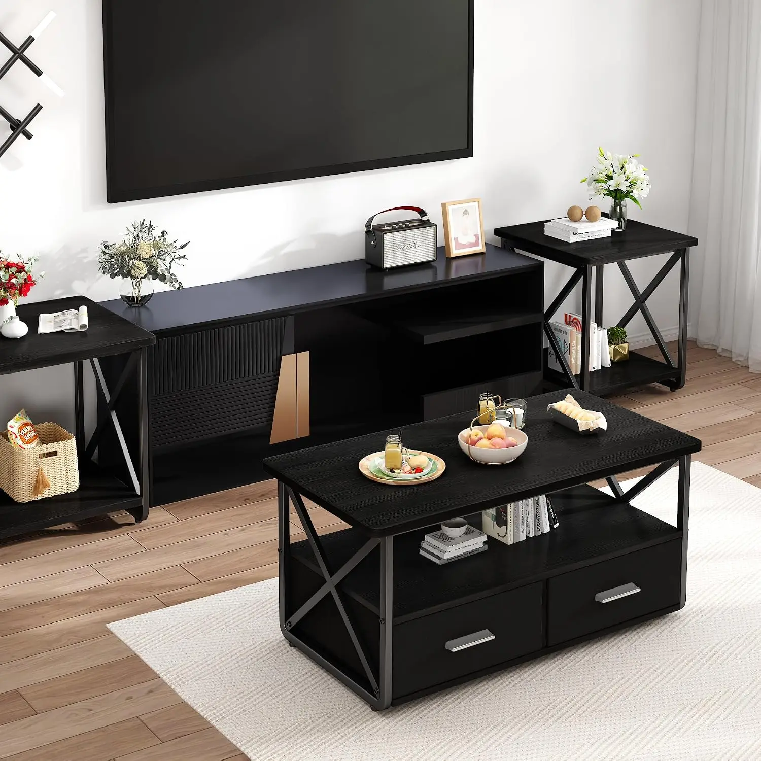3 Piece Coffee Table Set for Living Room with Fabric Drawers and Storage Shelves, Rustic Wood and Metal Frame,, Customized