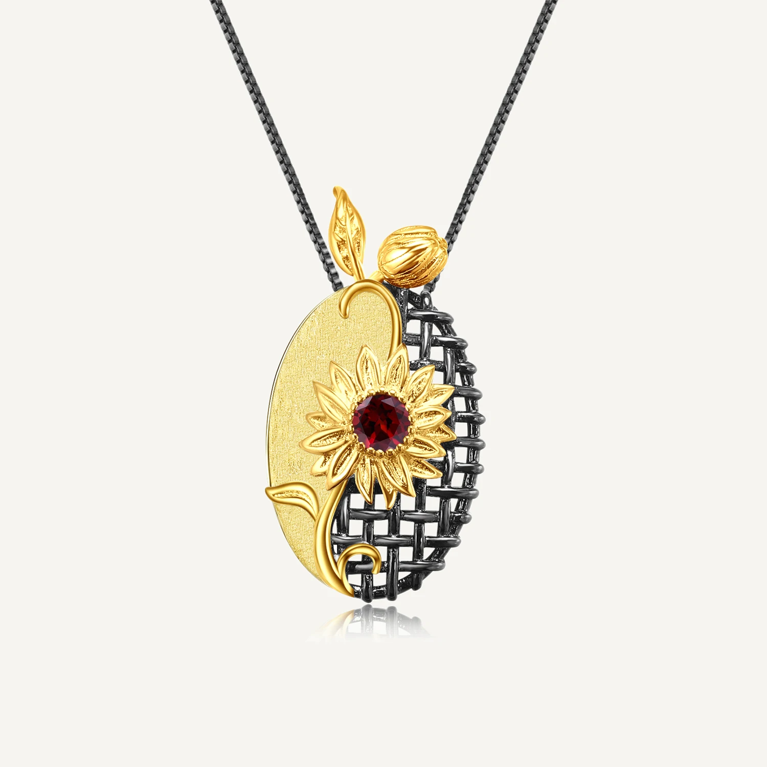 

GEM'S BALLET 925 Sterling Silver Vintage Sun flower Floral Jewelry Natural Garnet Gemstones Pendant Necklace for Women Wedding