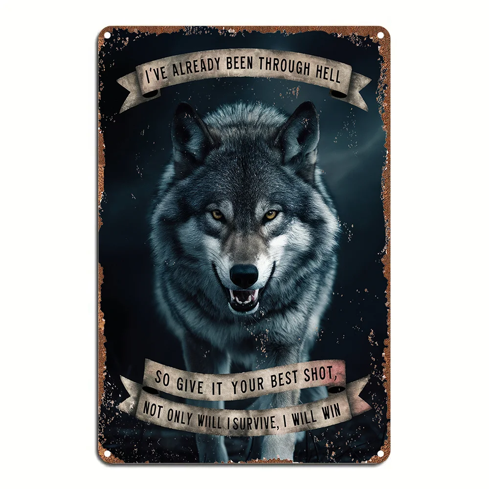 2D Flat Retro Wolf Metal Wall Art Sign - Rustic Style 