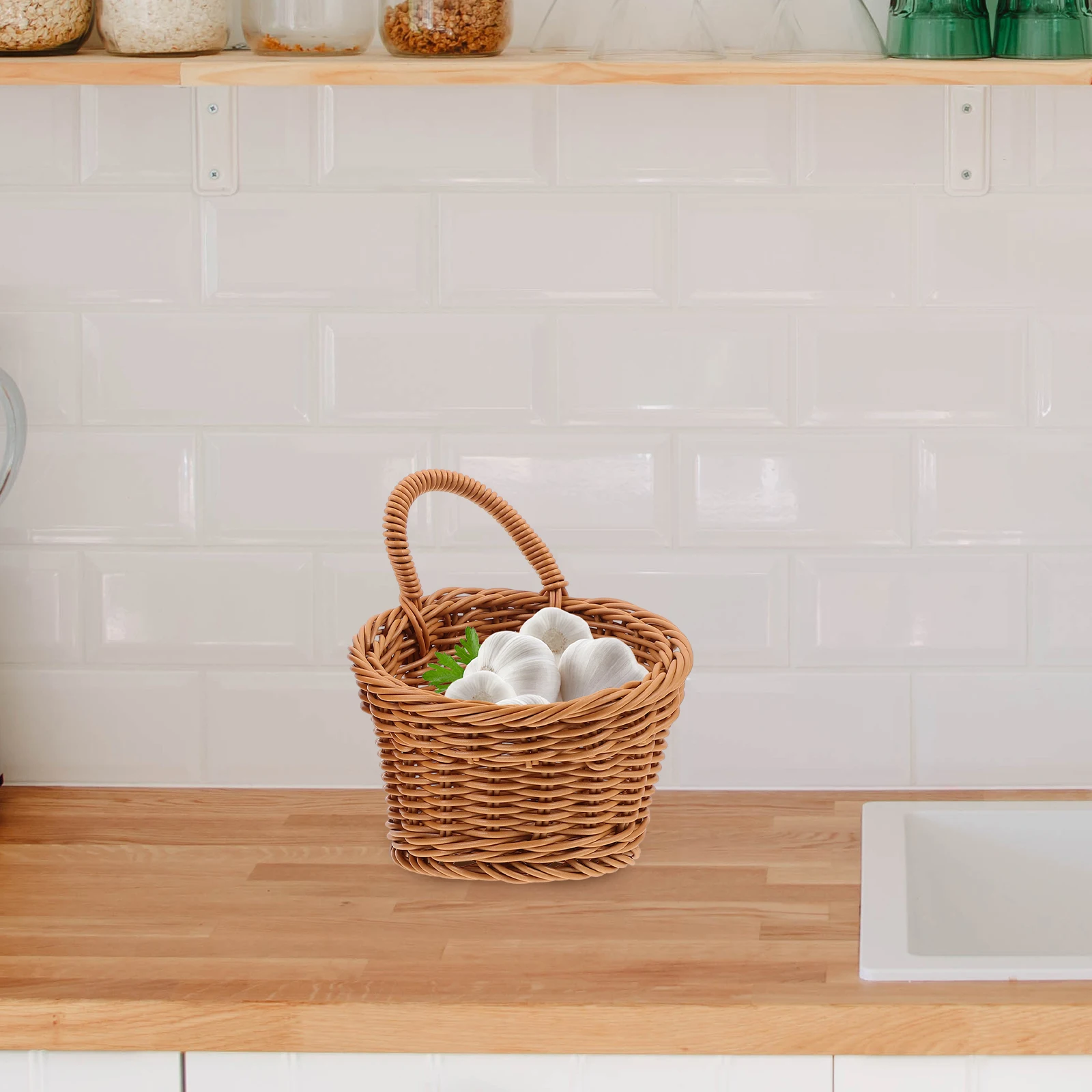 

2pcs Woven Storage Baskets Wall Hanging Kitchen Vegetable Organizer Garlic Ginger Basket Door Wall Holder Plastic Container