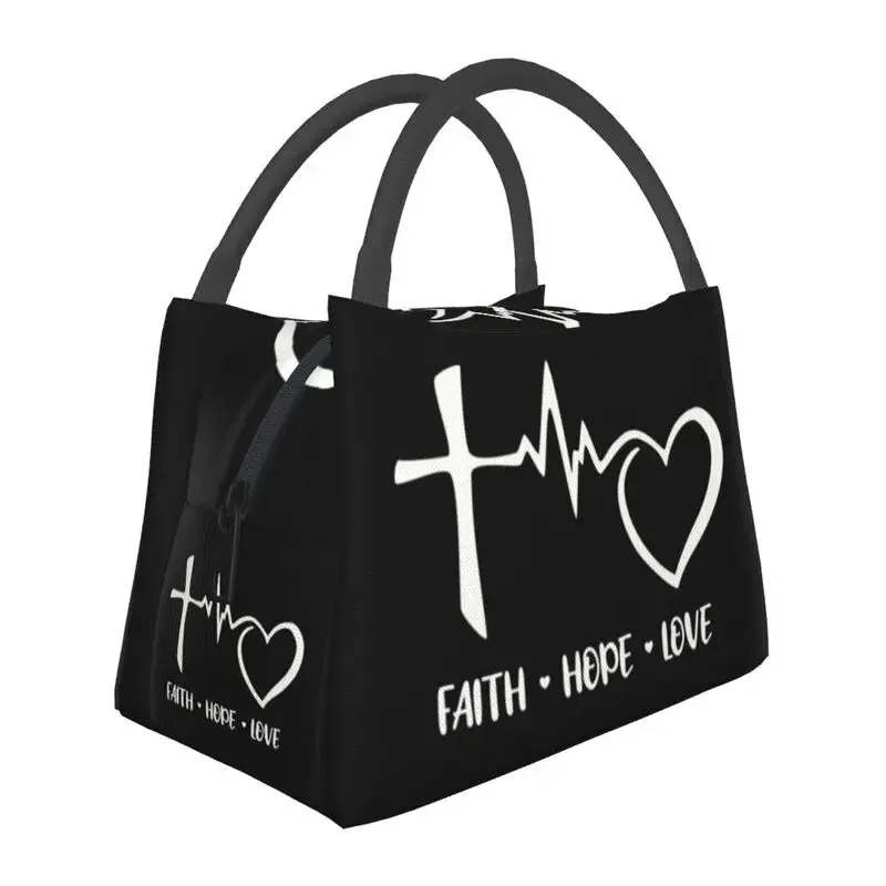 

Faith Hope Love Heartbeat Thermal Insulated Lunch Bags Women Cross Crucifix Jesus Christ Church God Lord Lunch Food Box