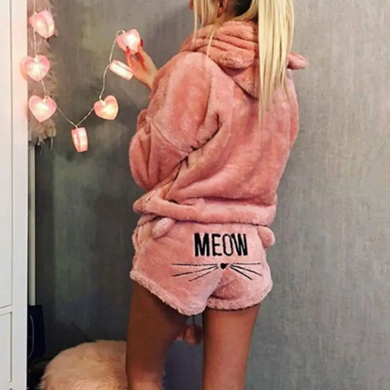 Conjunto pijamas gruesos invierno talla para mujer y niña, bonito bordado con maullido gato