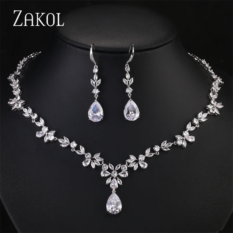 ZAKOL Luxury Sliver Color Leaf Bridal Wedding Jewelry Sets for Women Shinny Cubic Zircon Earrings Neckalce Set