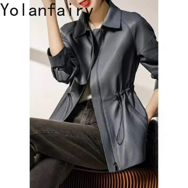 YOLANFAIRY Real Sheepskin Coats Woman Korean Style Square Collar Genuine Leather Short Coat Fashionable Jackets Пиджак Женский