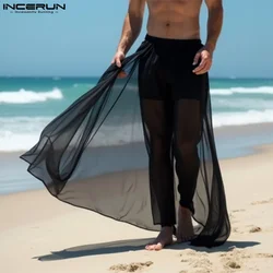 INCERUN 2024 American Style Trousers Stylish Men's See-through Mesh Fake Two-piece Floating Yarn Pant Sexy Casual Thin Pantalons