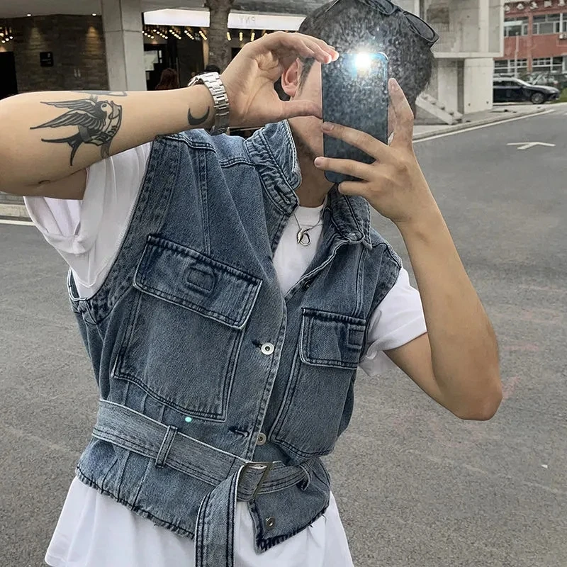 Vintage Sleeveless Cargo Jacket Streetwear Casual Denim Vest Men Fashion Coats Male Waistcoat Loose Men Clothing Jeans Gilets