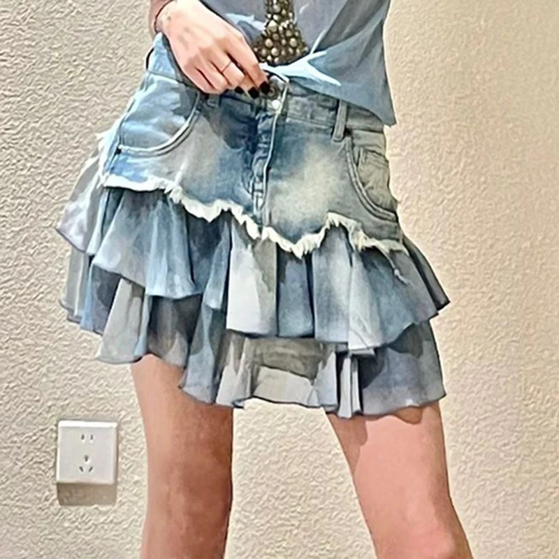 2023 Spring and Autumn New Fashion Royal Sister Fan High Waist Design Spliced Denim Half Skirt  Slim Fit