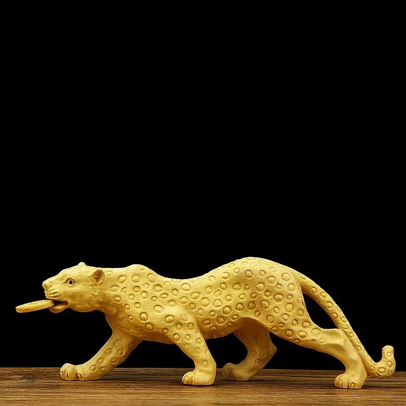 7.5*4*20cm Handmade Boxwood Carving Fengshui Leopard Vivid Figurine Lifelike Collective Wealth Home Putting Crafts