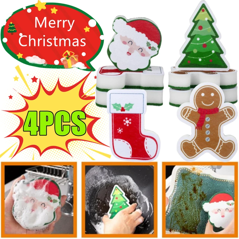 New 4-1PC Christmas Cleaning Sponge Household Scouring Pad Kitchen Wipe Dishwashing Sponge Cloth Dish Cleaning Towels Clean Tool