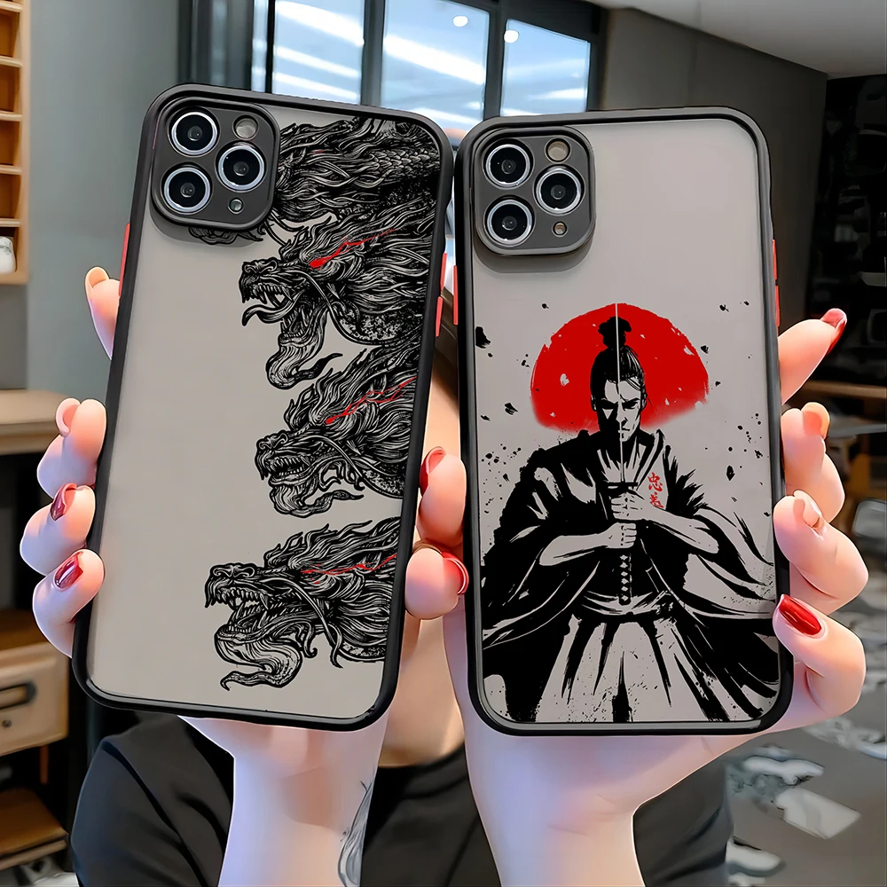 Japanese Samurai Art Waves For iPhone 15 14 13 12 11 Pro Max Mini X XR XSMax 6 7 8 Plus Matte Translucent Cover Funda Phone Case