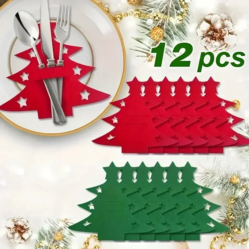12Pcs Christmas Tree Shaped Felt Cutlery Mats With Stars Decor Durable For Home Christmas Festive Party Table Decor Accessories