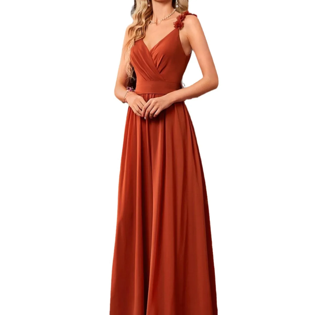 

Sexy Pleated Backless Spaghetti Flowers Straps Bridesmaid Party Long Dress Orange