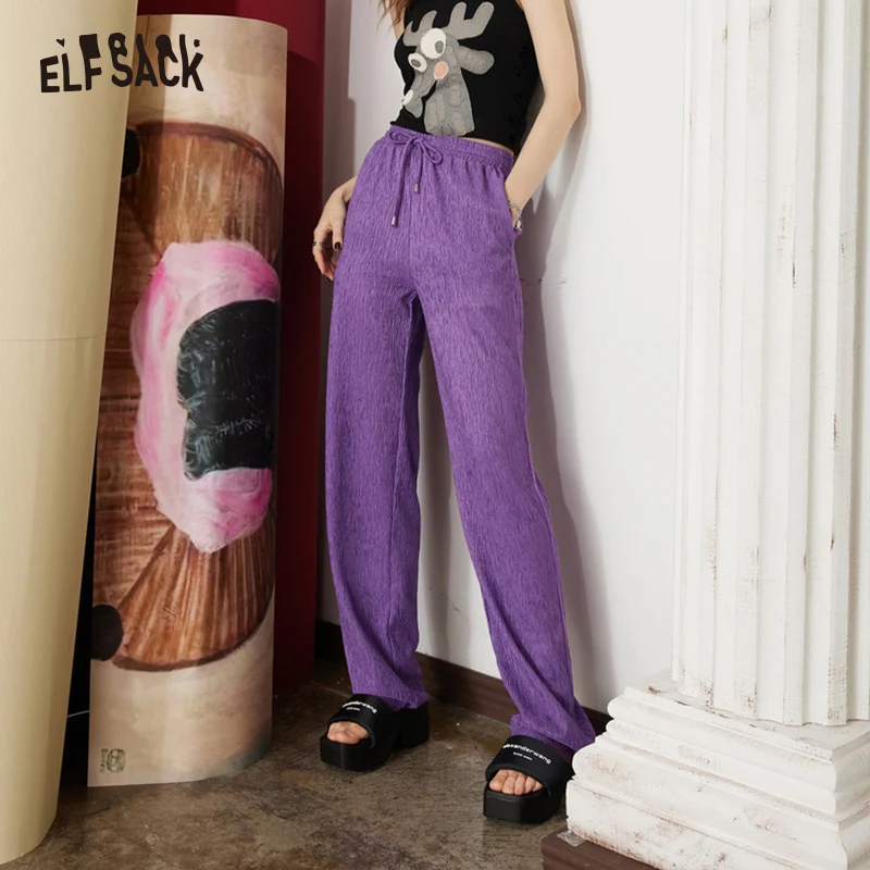 ELFSACK Purple Wide Leg Pants Women 2023 Spring High Waist Casual Daily Trousers