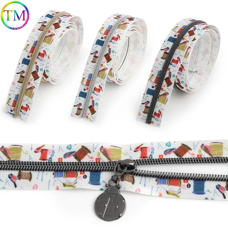 

5# Nylon Teeth Stripe Sewing Coil+Bird Print Open-end Zippers Tape With Slider For Handbag Garment Bags Tailor Accessories