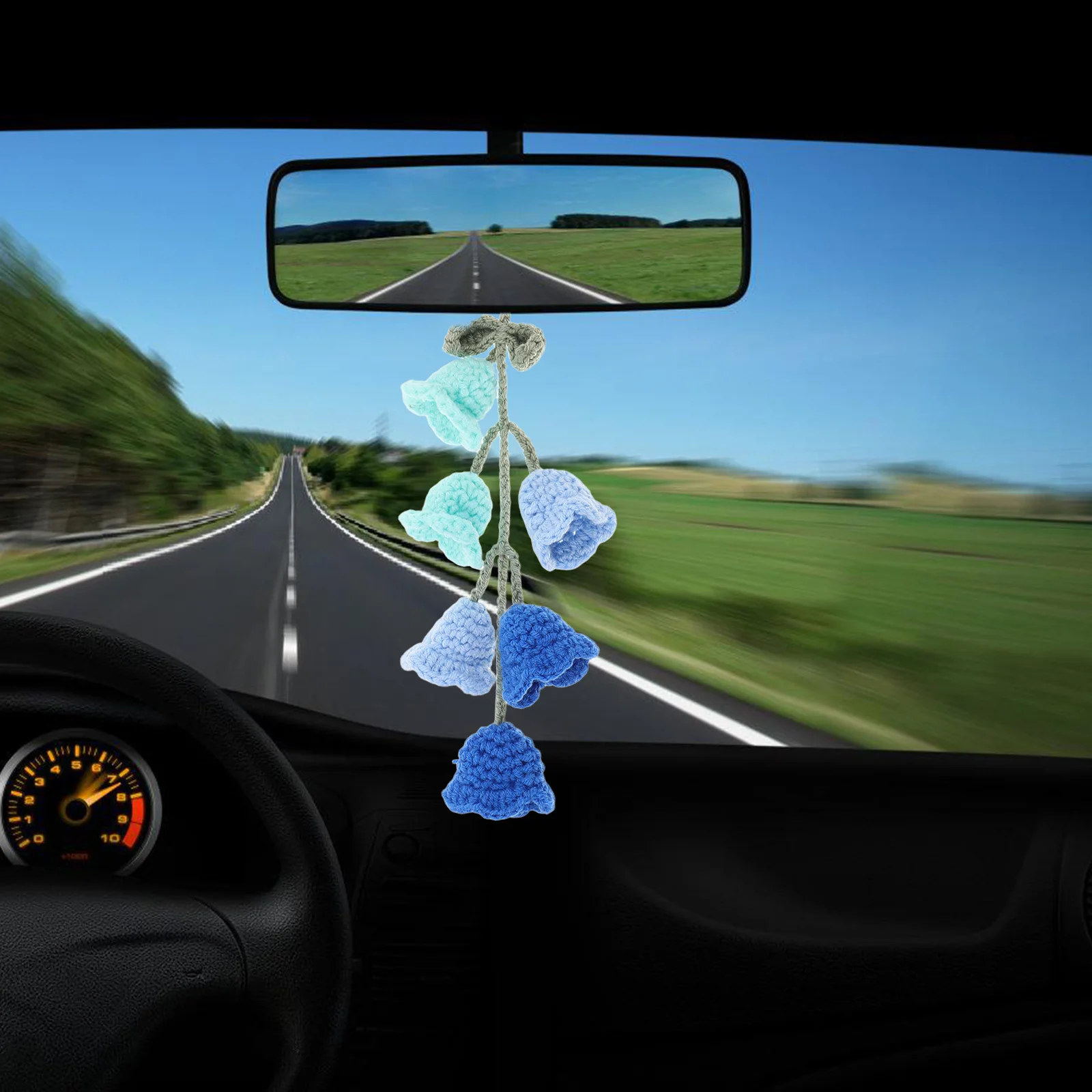 

2Pcs Blue Car Mirror Decor Crochet Flower Pendant Rearview Hanging Accessories Cozy Feel Artistic Charms Flower