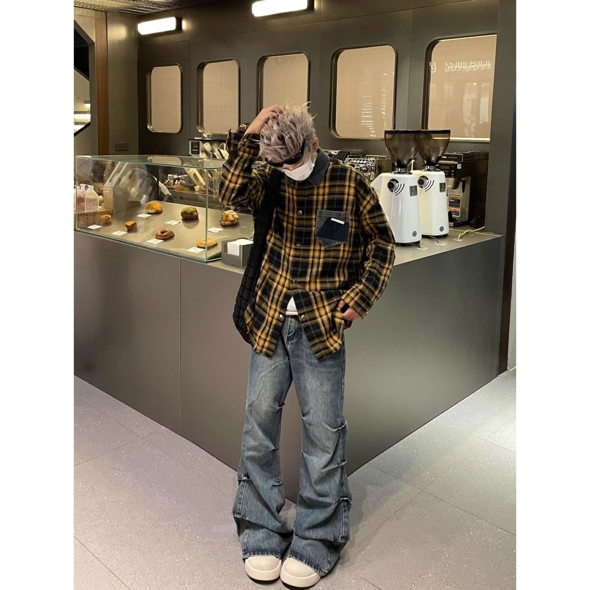 

American Retro Plaid irt Jaet Men Loose Casual Cool Brand Outerwear Long Sve Stand Fit Polyester Spring Autumn Winter