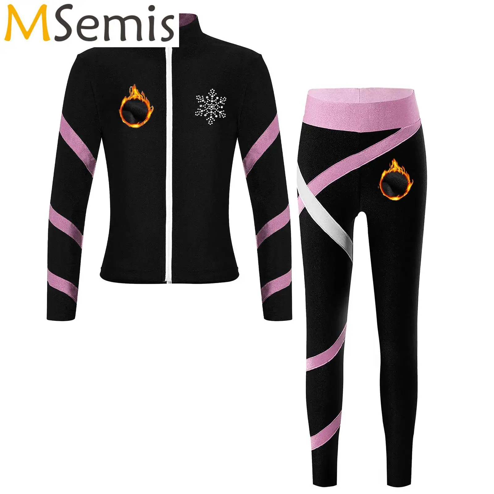 Kids Girls Gymnastics Figure Skating Ballet Costume Tracksuit Zipper Stand Collar Fleece-Lined Jacket with Leggings Dance Wear