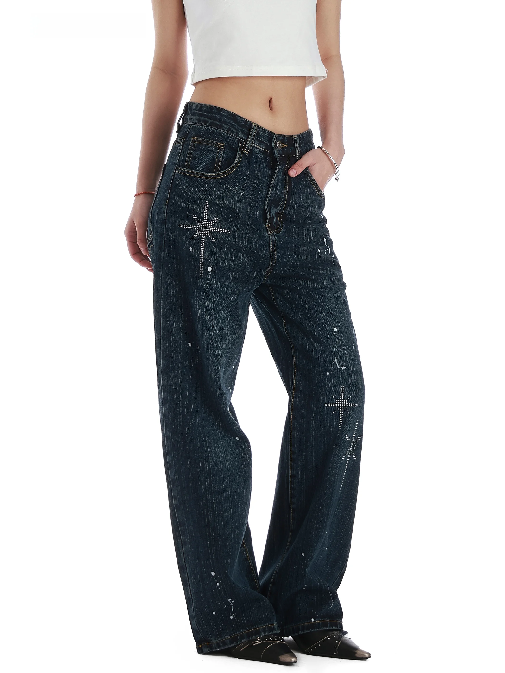 

American Style Rhinestone Washed Wide Leg Jeans Casual Straight Leg Jeans for Women Distressed Floor Length Trousers