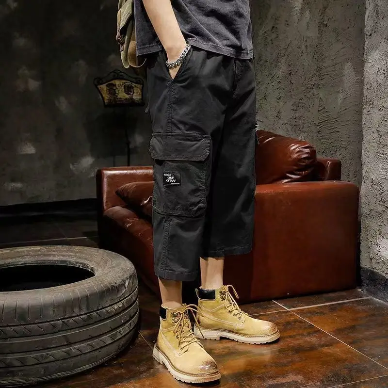 Man Cargo Pants Summer American Inspired Retro Workwear Cropped Shorts Loose Straight Cut Versatile Casual Length Trousers For