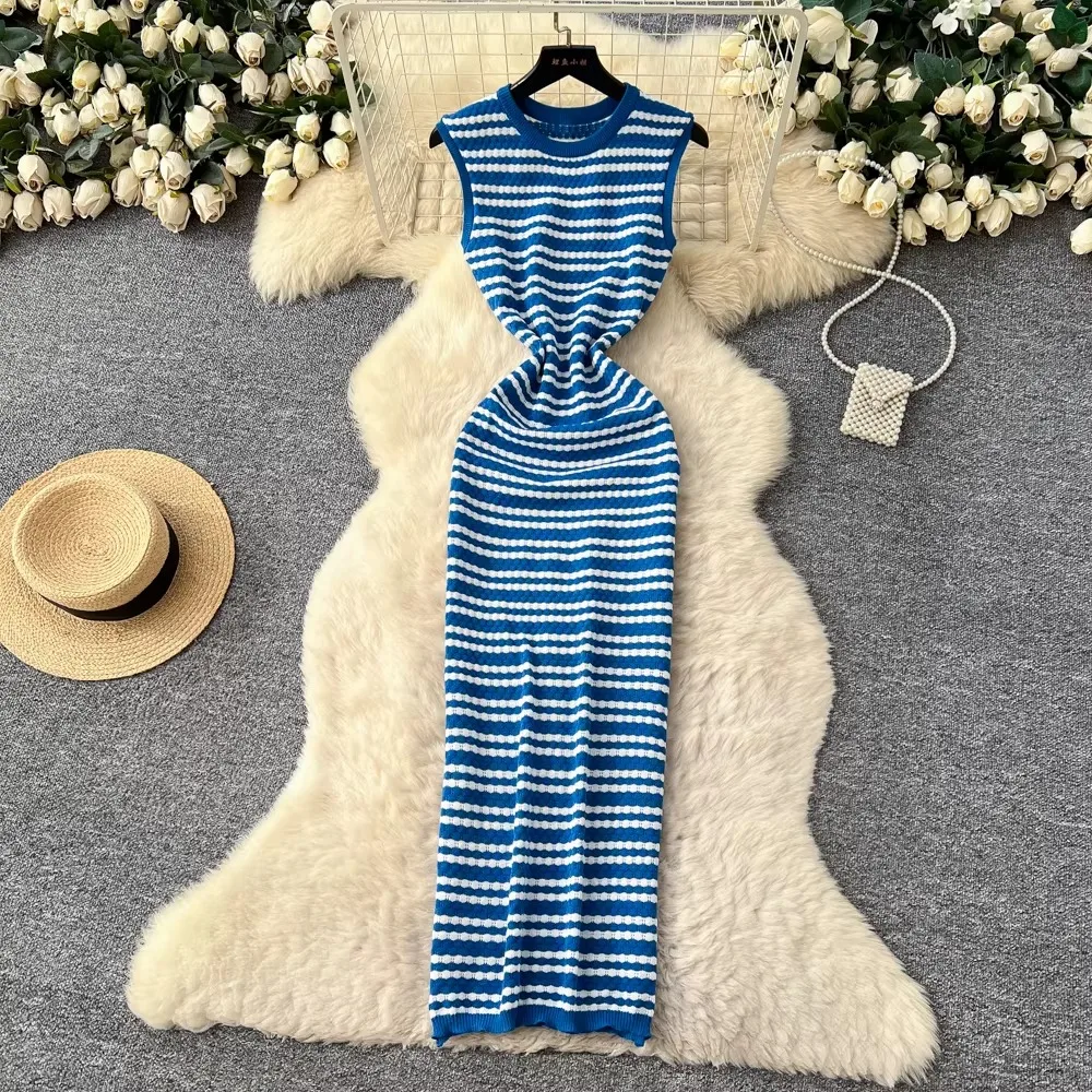 YuooMuoo Chic Fashion Sexy Wrap Hips Knitted Long Dress 2026 Summer Women Casual O-neck Sleeveless Stripes Tank Dress Streetwear