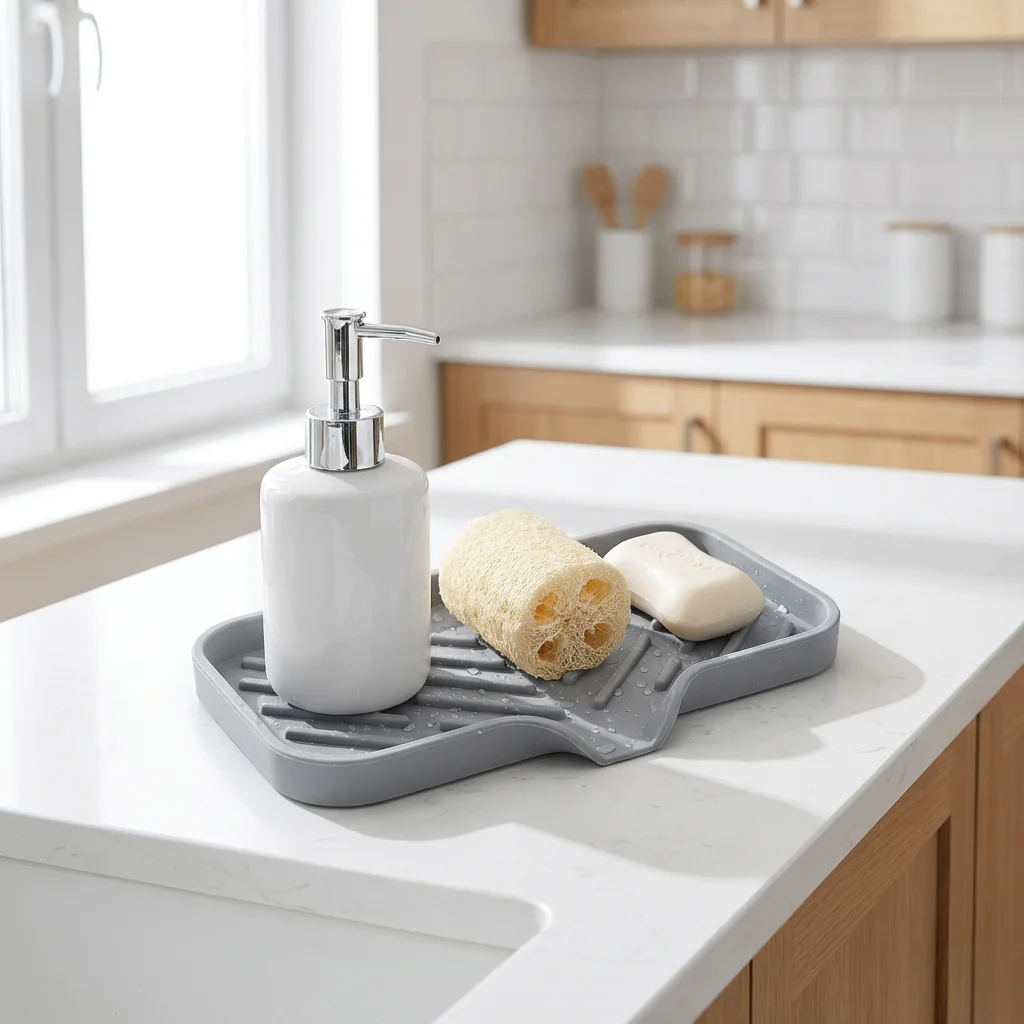 

Premium Gray Silicone Countertop Mat, Drainage Design, Non-Slip&Heat-Resistant, Ideal for Kitchen, Bathroom & Daily Organization