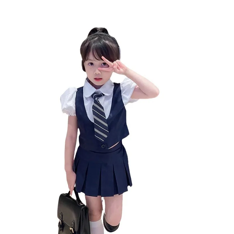 Children\'s Clothing Set Girls Academy Fake Two piece Short sleeved Top+Tie+Pleated Skirt 3Pcs 2024 Summer New School Uniform