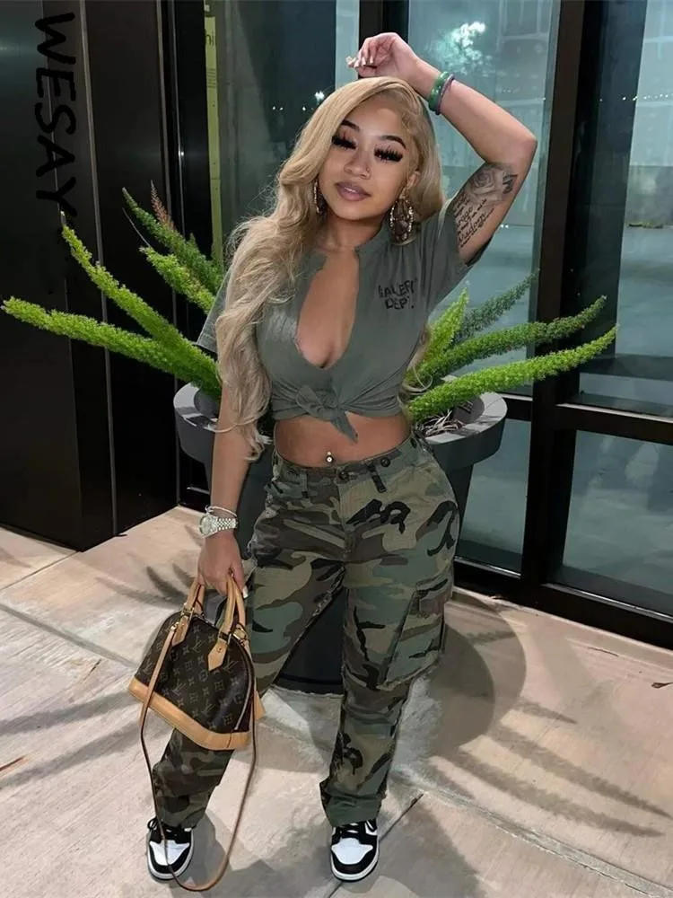 WESAYNB y2k Clothes Parachute Cargo Pants For Women 2022 Green Casual Print Camouflage Trousers Baggy Straight Pants Streetwear