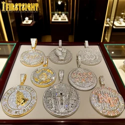 New Iced Out Bling Round Letter Pendant Necklace Gold Color CZ Cubic Zirconia Badge Charm Men Fashion Hip Hop Jewelry