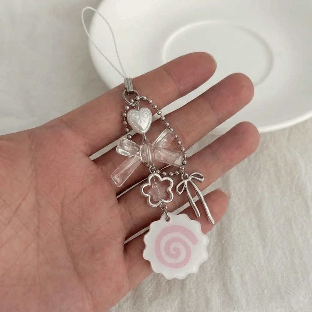 School Style Acrylic Y2K Phone Straps Pink Color Kawaii Style Punk Keychain Lanyard Secure Hook Cartoon Fish Cake Keyring Trendy