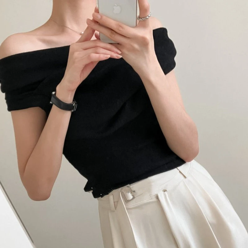 Short Sleeve T-shirts Women Slash Neck Simple Casual Soft Criss-cross Stylish Off-shoulder Korean Style Ulzzang Trendy Elegant