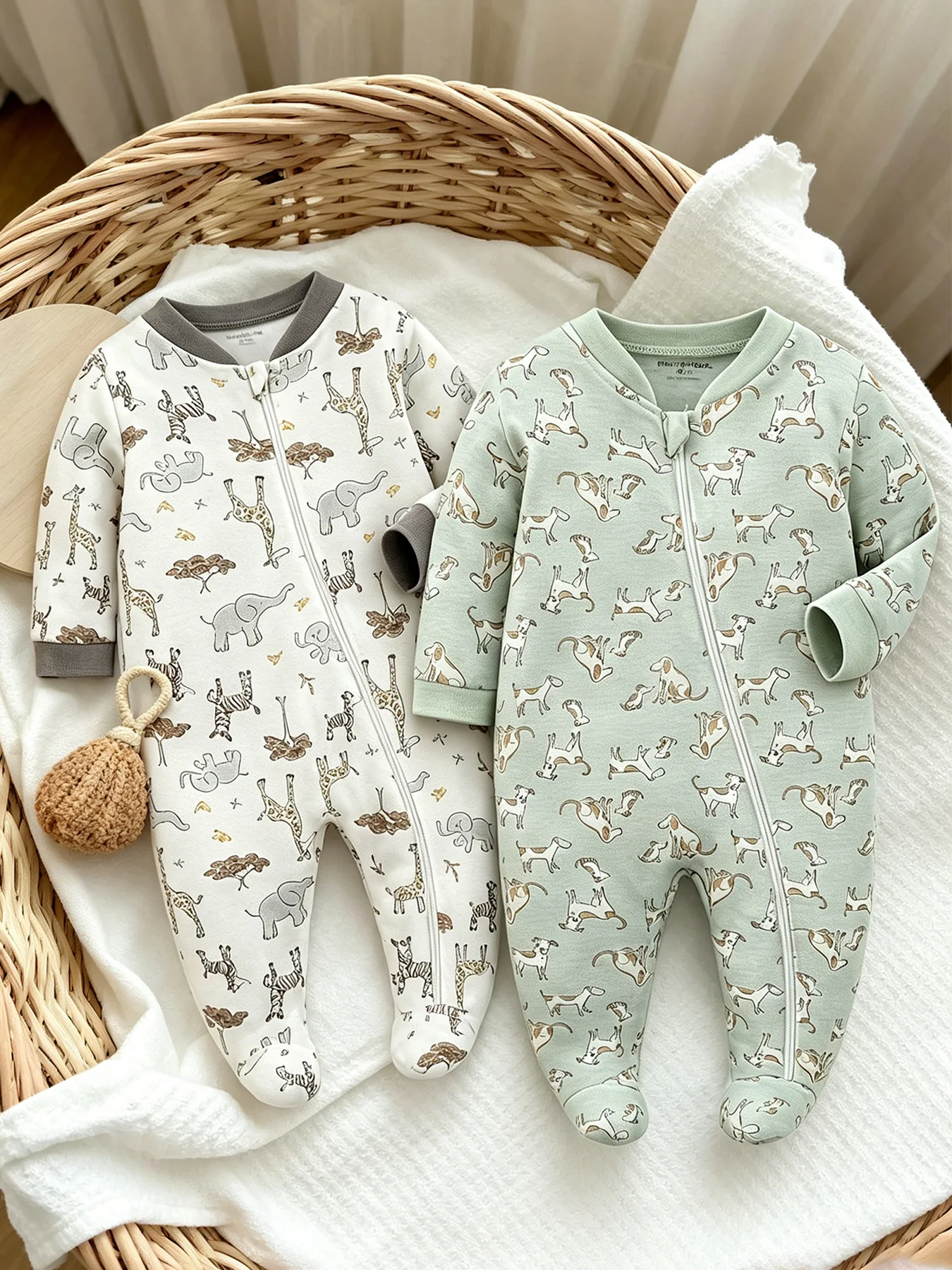 TtkaaBaby 100% Cotton Animal-Print Footed Long-Sleeve Baby Casual Two-Piece Romper Set—Newborn and First Birthday Gift