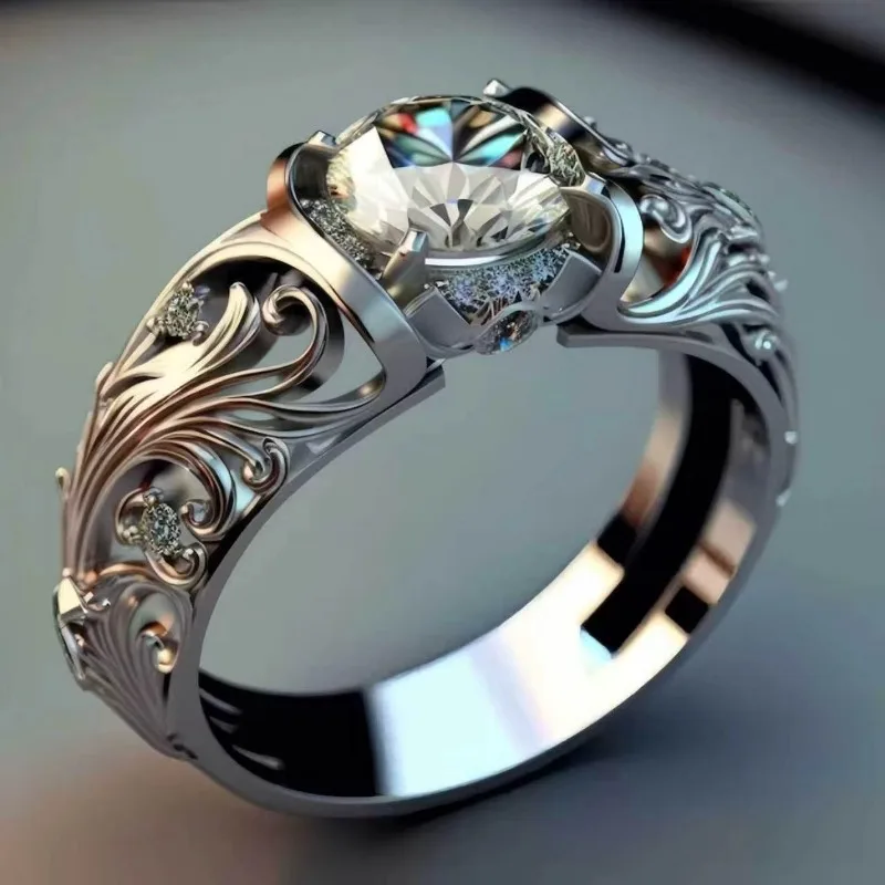 European American Vintage Carved Ring 3D Relief Design Luxury Elegant Women Finger Ring Inlaid Cubic Zircon Fashion Jewelry Gift