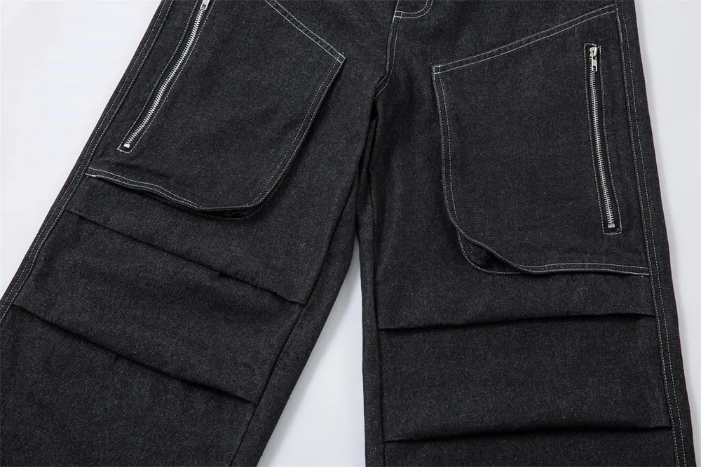 Gespleißte Jeans mit Reißverschlusstasche für Herren, Hip Hop, High Street, gewaschen, lockeres, weites Bein, dunkle Denim-Hose für Herren – Detail 9