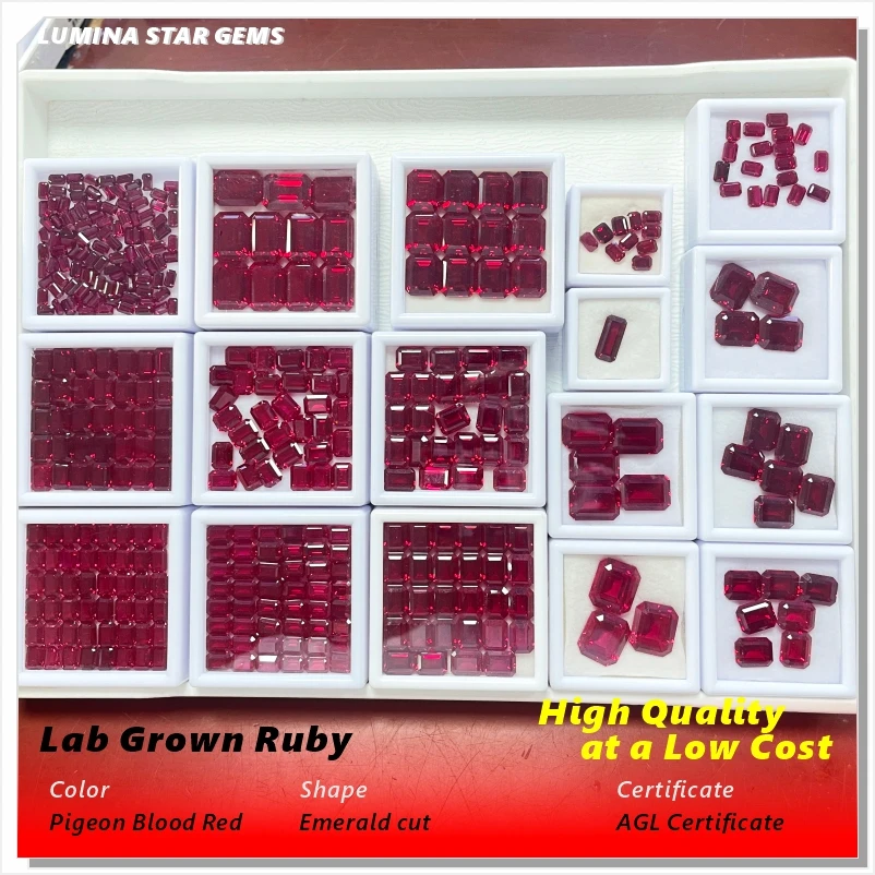 

Lab Grown Ruby Gemstone Pigeon Blood Red Emerald Cut High Quality Affordable Ideal for Jewelry Making Selectable AGL Certificate
