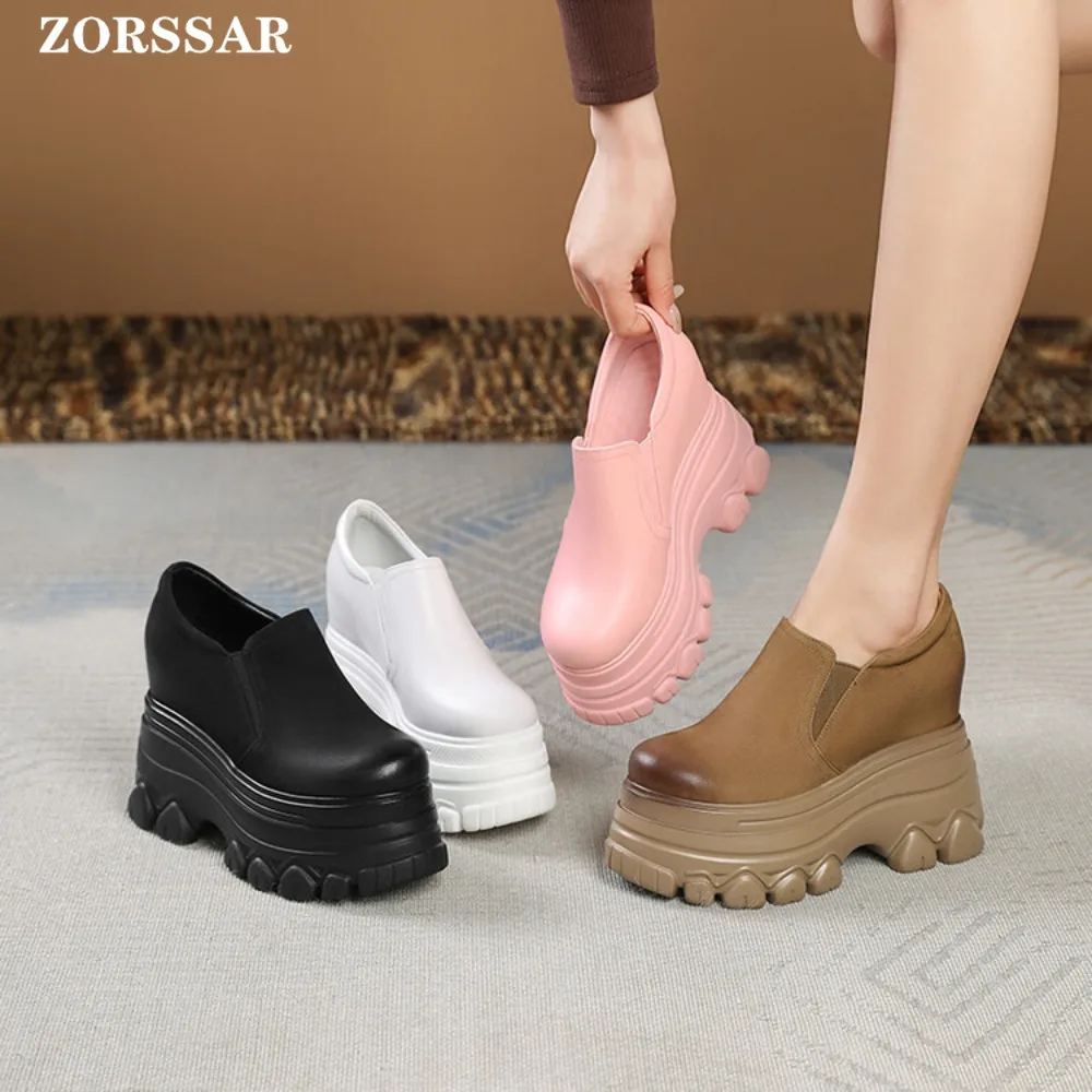 White Brown Pink Hidden Wedges Sneakers Heels Casual Shoes Woman 12CM Platform Shoes Elevator High Heels Walking Sneakers Women