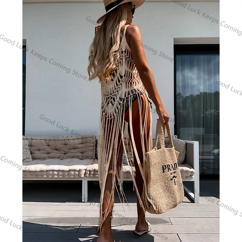 2025 เสื้อถักโครเชต์บิกินี่ COVER-UPS เซ็กซี่ Hollow OUT ชุดผู้หญิงฤดูร้อนเสื้อผ้าชายหาดสวมชุดว่ายน้ําดูผ่านพู่ COVER UP