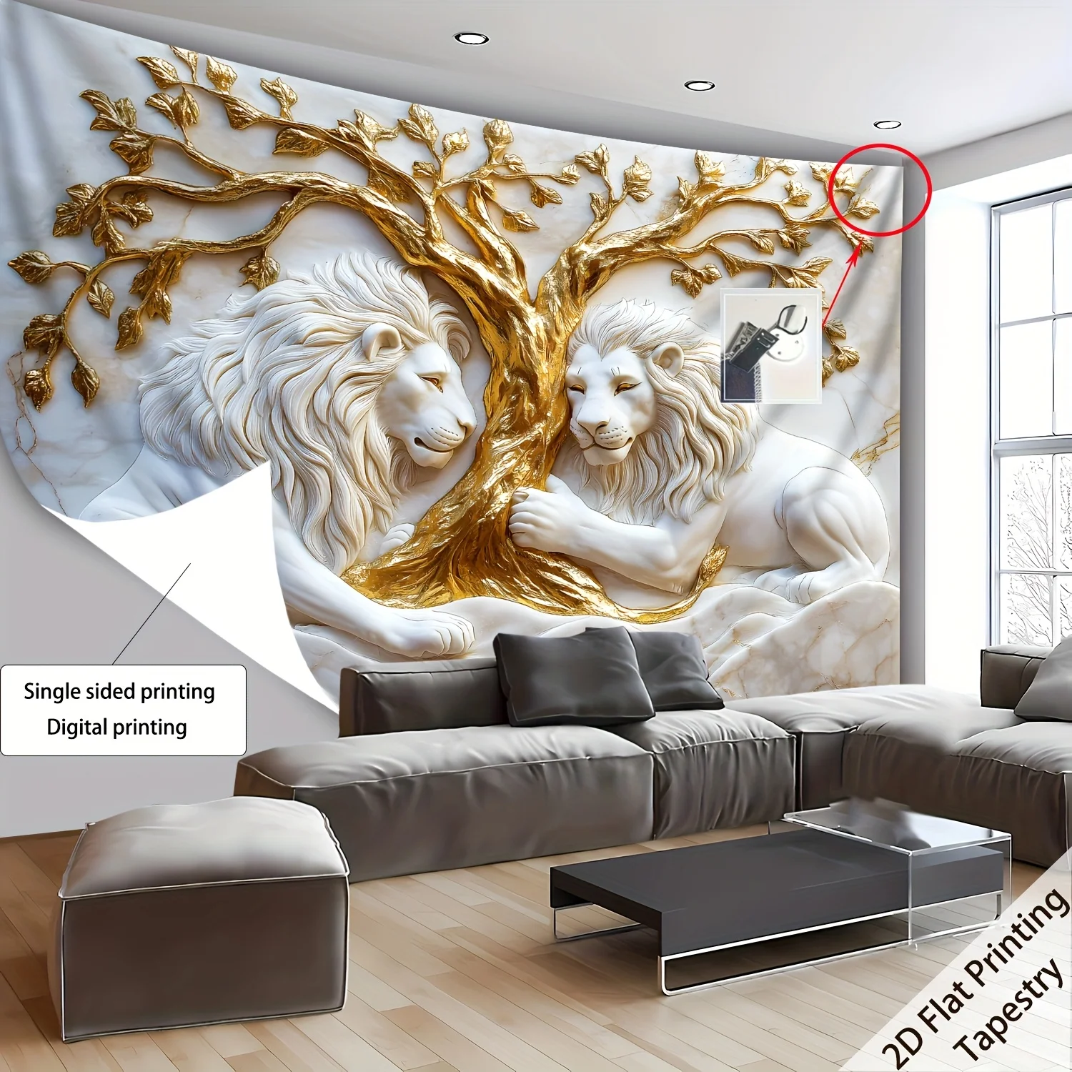 Relief Lion Tree of Life Tapestry, Large 3D Textured Wall Hanging, Print Polyester Decor for Living Room Bedroom Office