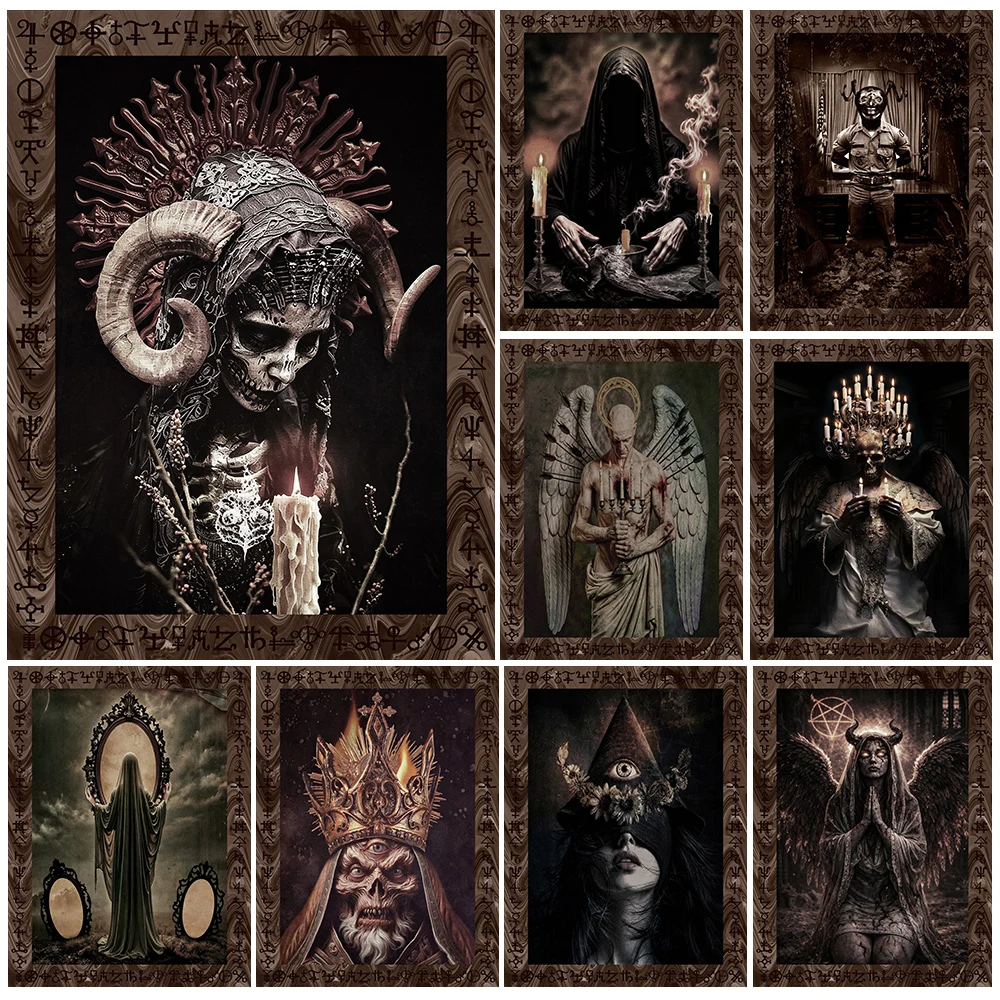Vintage Gothic Dark Horror Canvas Wall Art,Occult Witch Ghost Gothic Poster,Skeleton King,Demon Spooky Victorian Art Print Decor