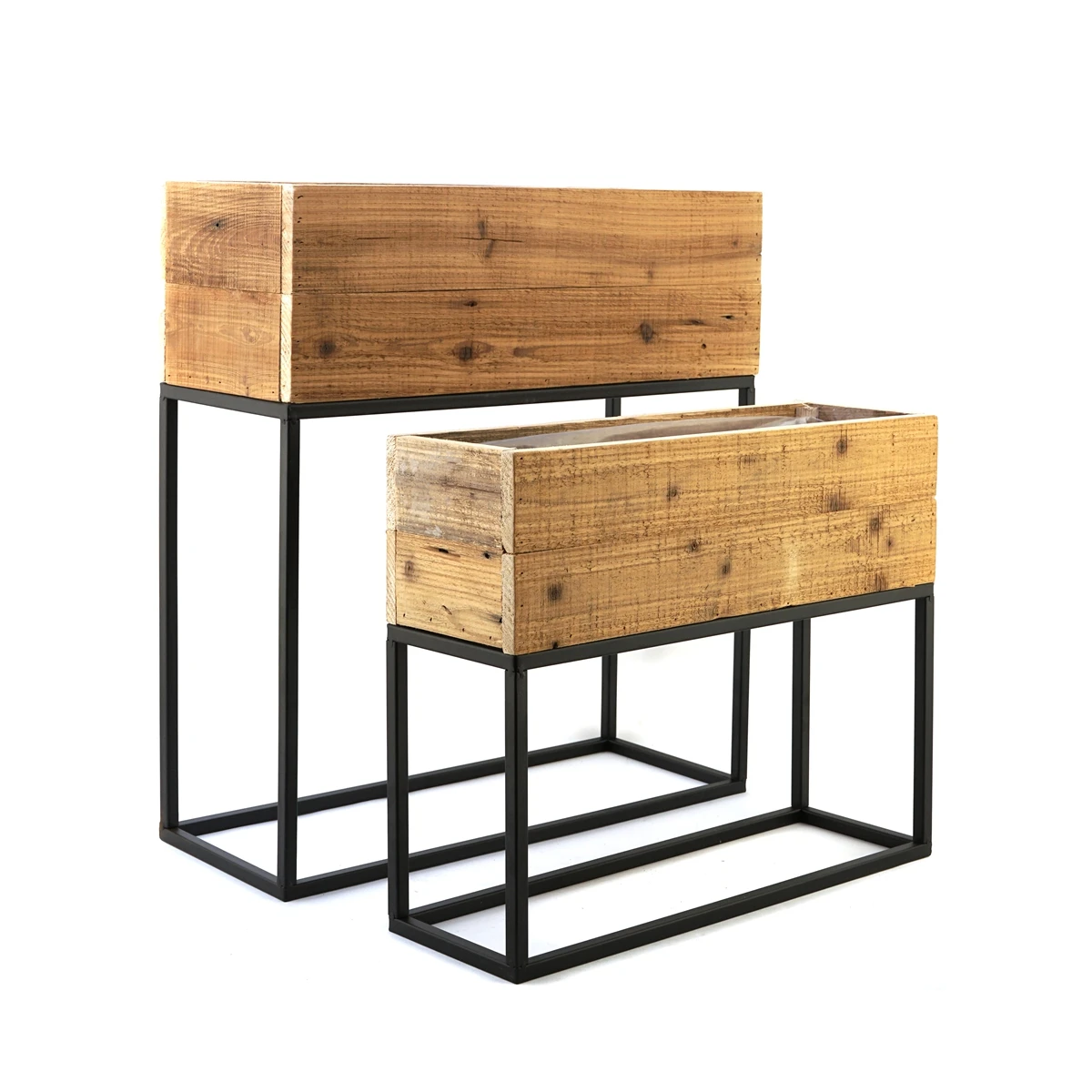 Set of 2 Used Wood Box With Black Iron Stand, L:21.5x8.5x23.5