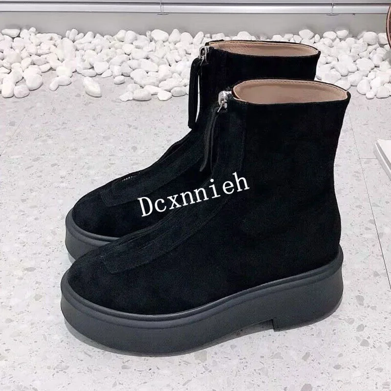 Autumn Winter Thick Sole Short Boots Solid Color Zipper Decor Ankle Boots Handsome Genuine Leather Riding Boots Chelsea Boots