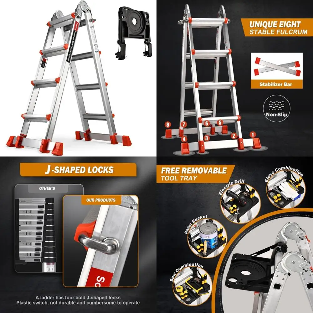 

4-Step Extension Ladder with Multi-Position and Removable Tool Tray, 14.5 Ft, 330 lbs Capacity, Stabilizer Bar Included, Long-Re