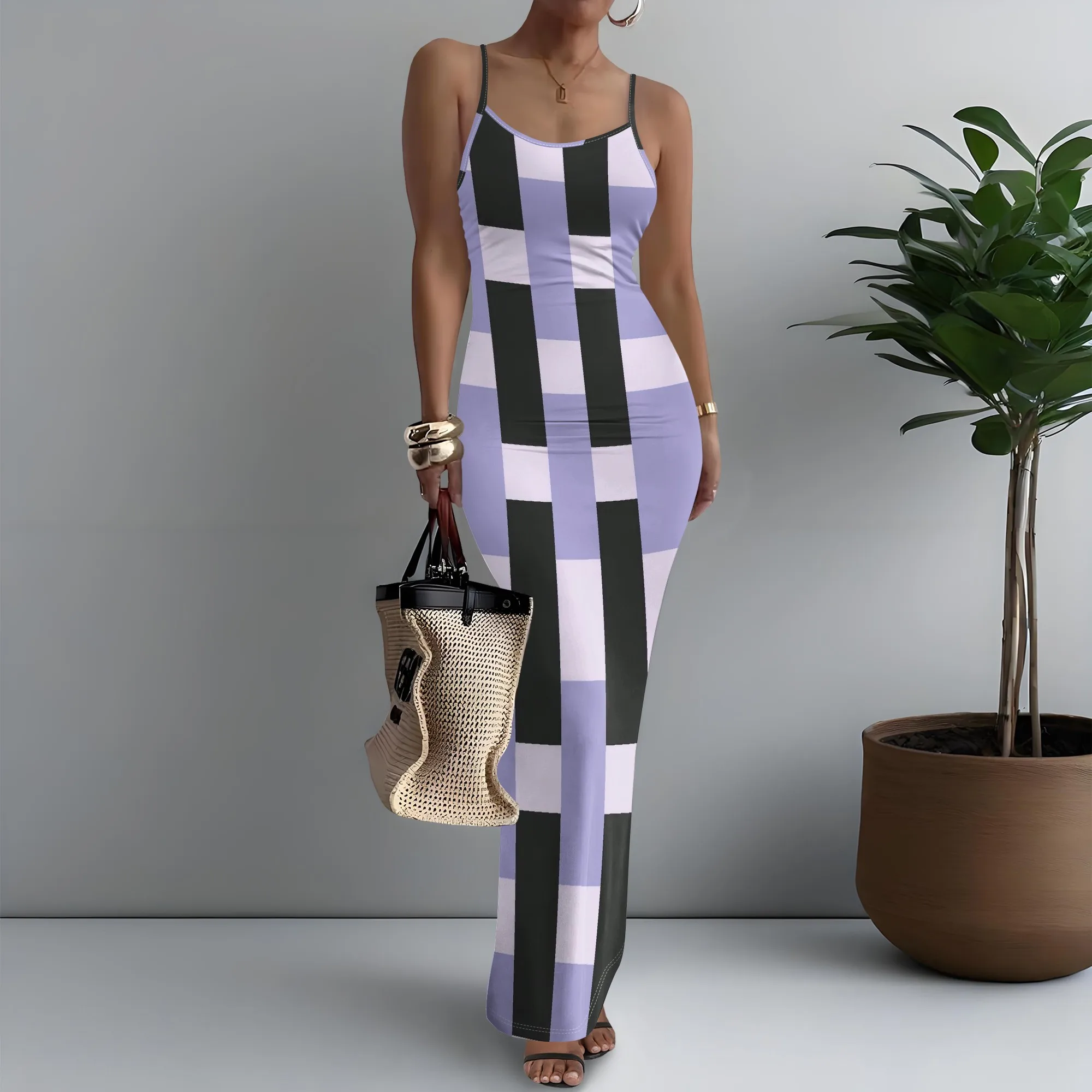 

Purple & Black Striped Spaghetti Strap Maxi Dress (XS-3XL) – Elegant Summer Dress for Parties, Vacations & Beach Days